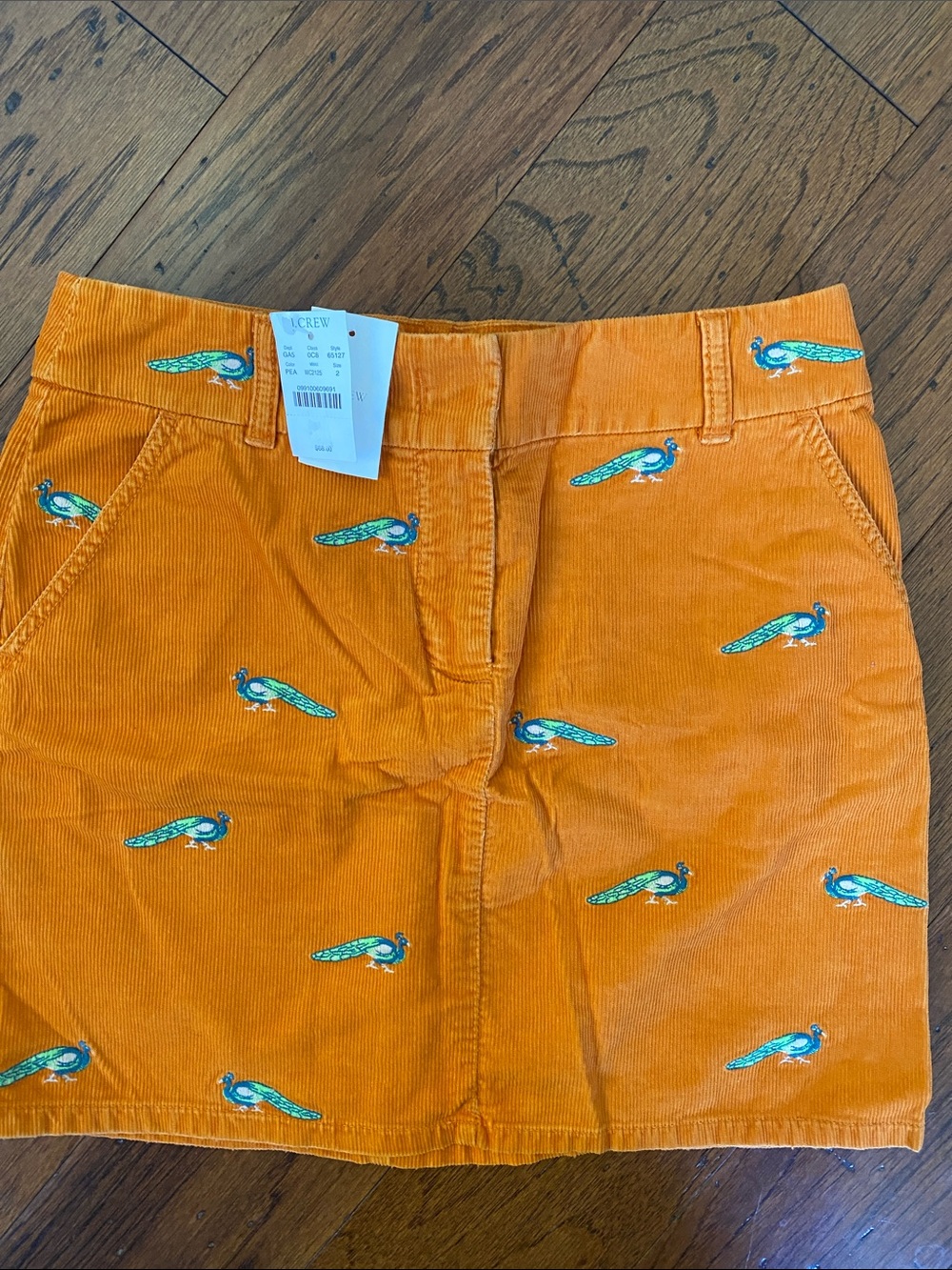 NWT- JCrew orange corduroy skirt with embroidered Peacocks-2